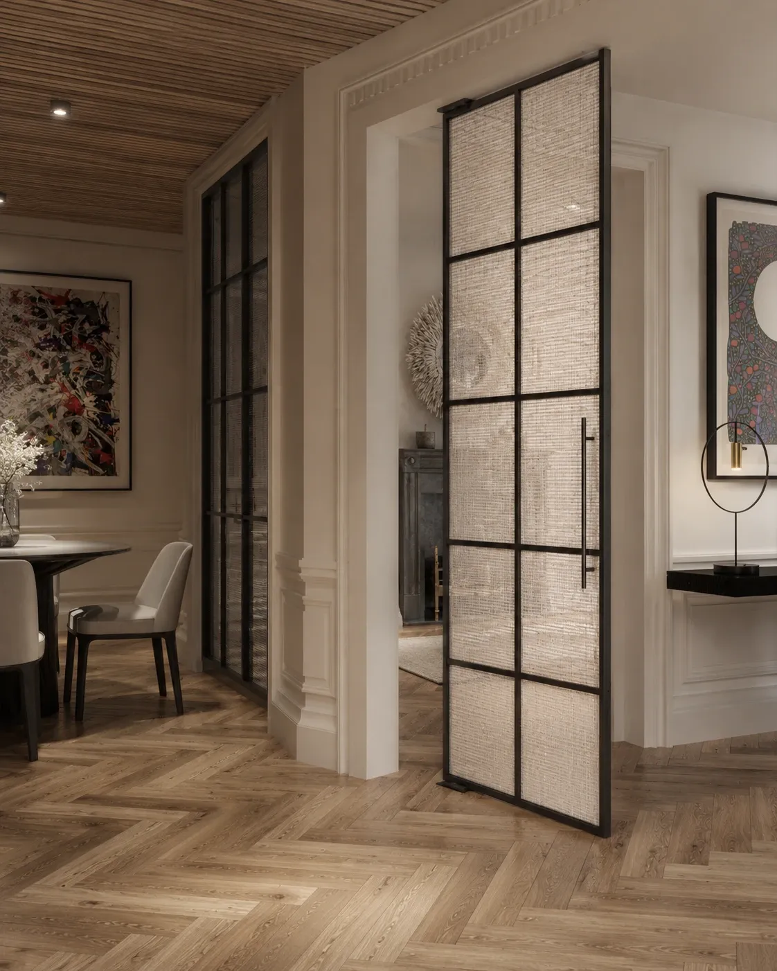 Textile in glass sliding door in a formal living room with herringbone floors