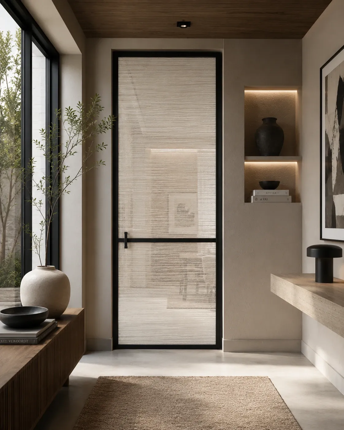 Textile in glass entry door in a warm minimalist foyer