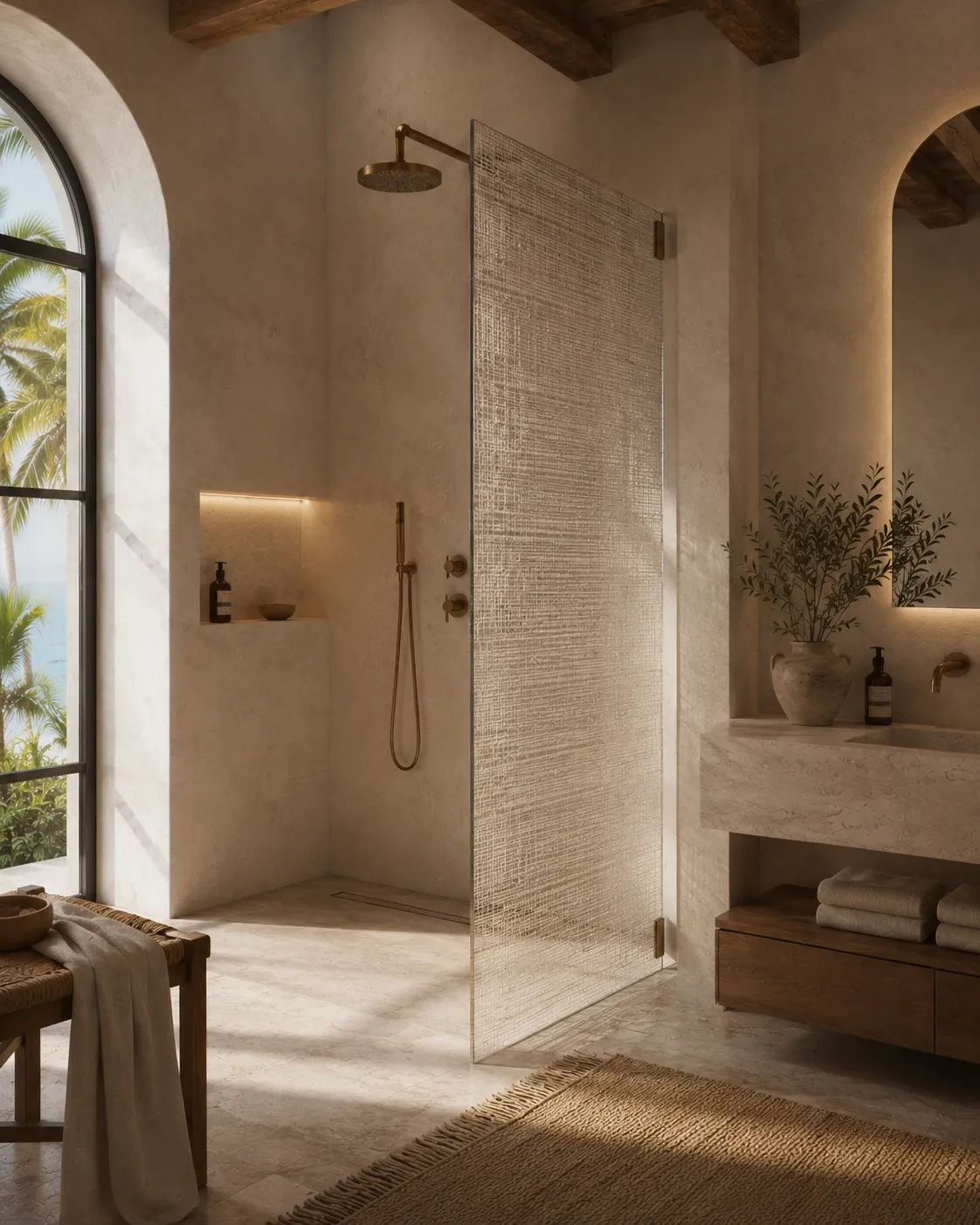 One sided textile in glass shower partition in a sunlit coastal bathroom