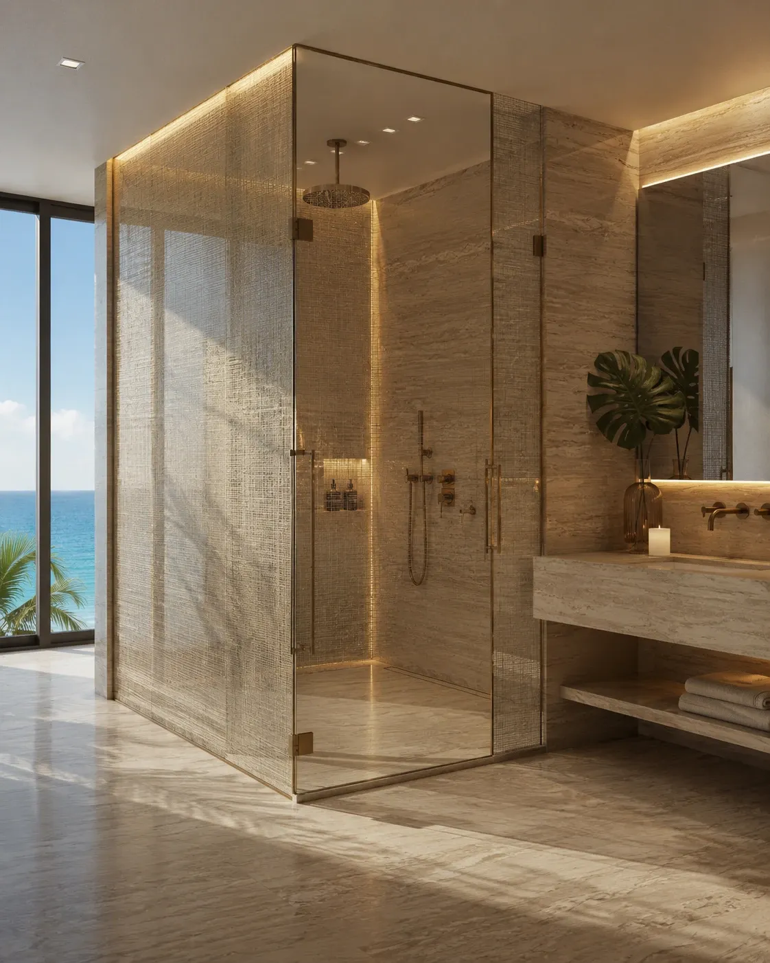 Textile in glass shower enclosure in a travertine bathroom overlooking the sea