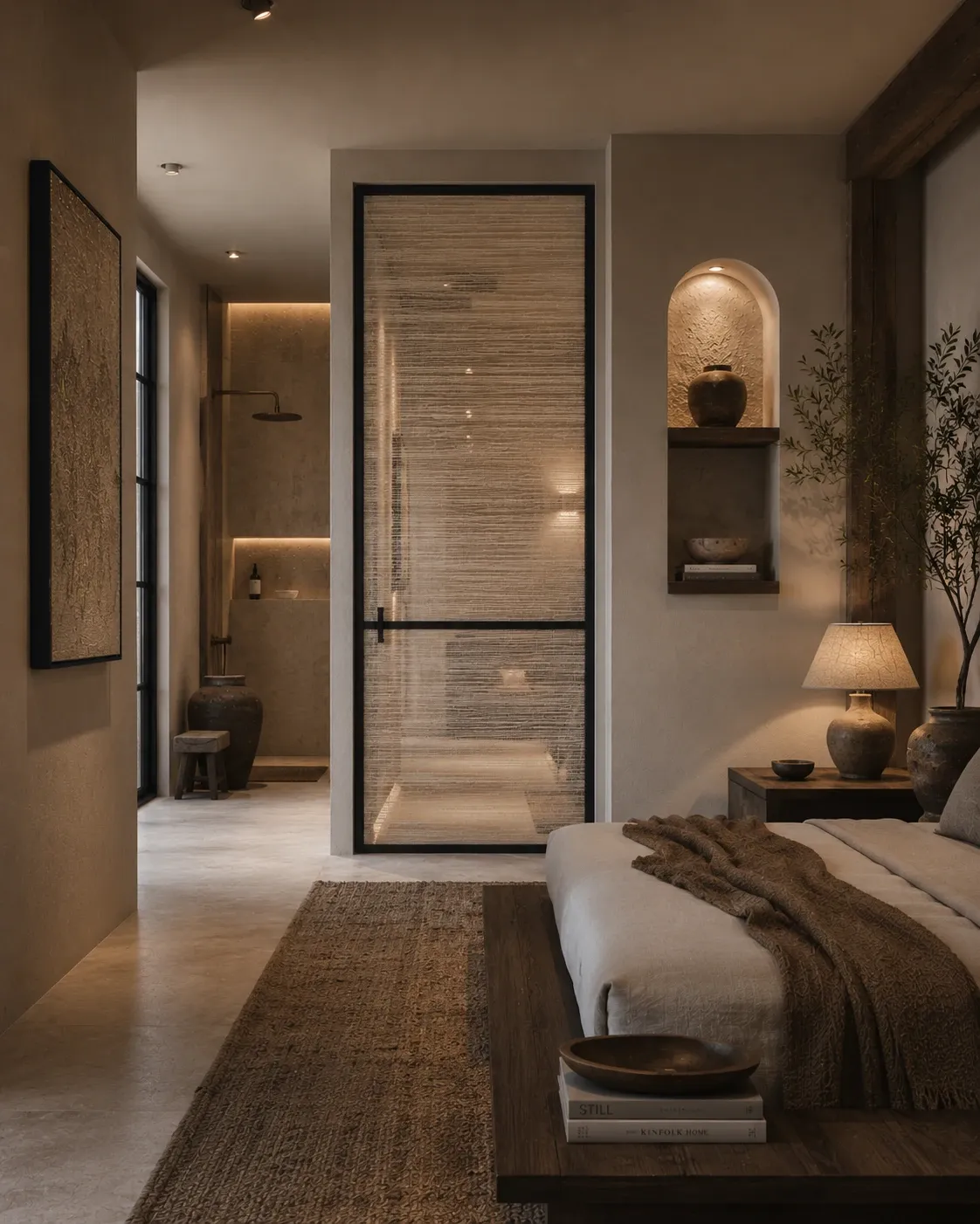 Textile in glass door softly veiling a bedroom ensuite