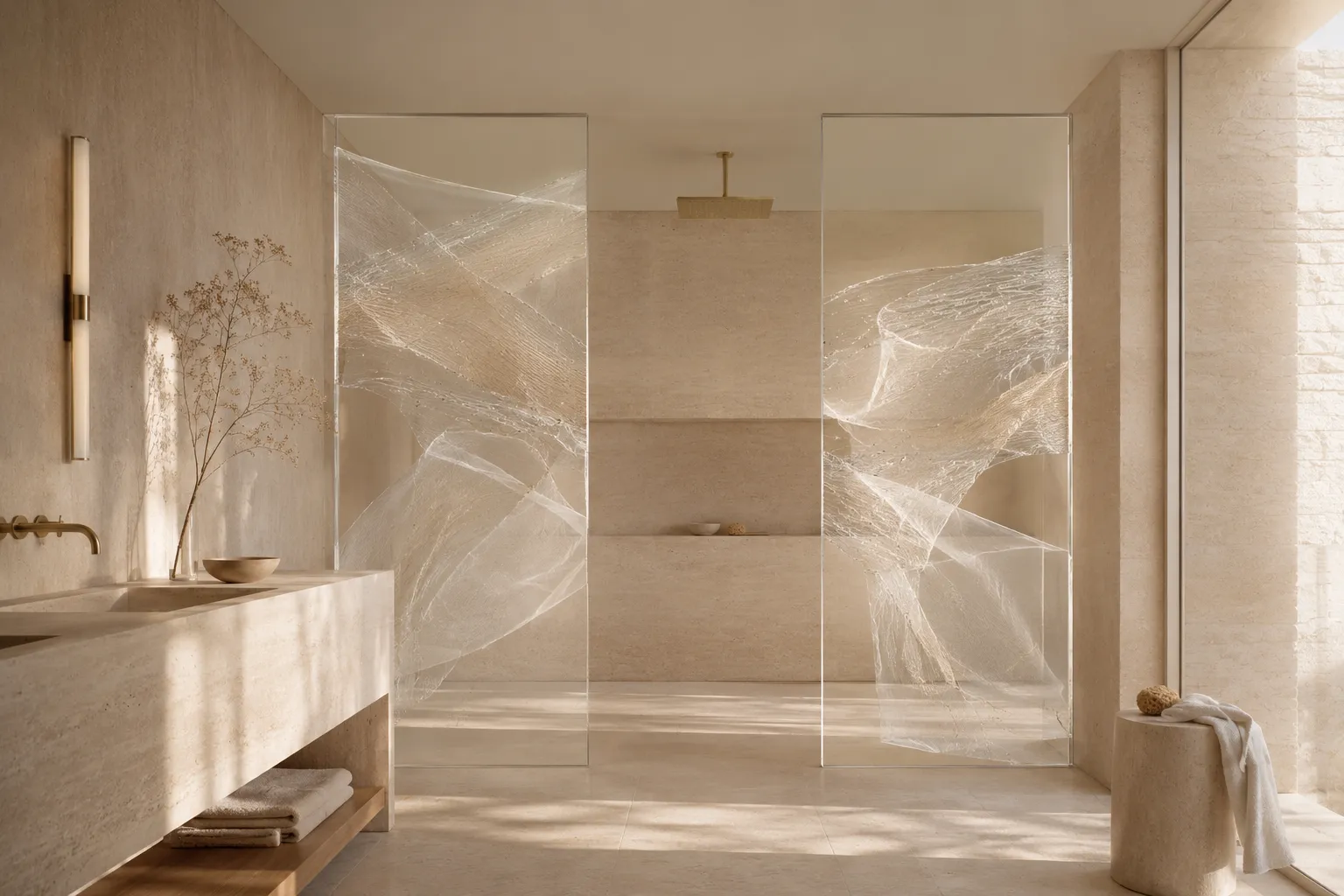 Textile in glass shower partitions in a warm stone bathroom