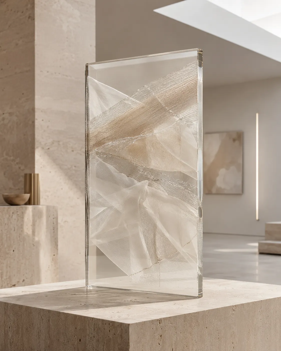 Textile in glass panel displayed in a warm minimalist interior