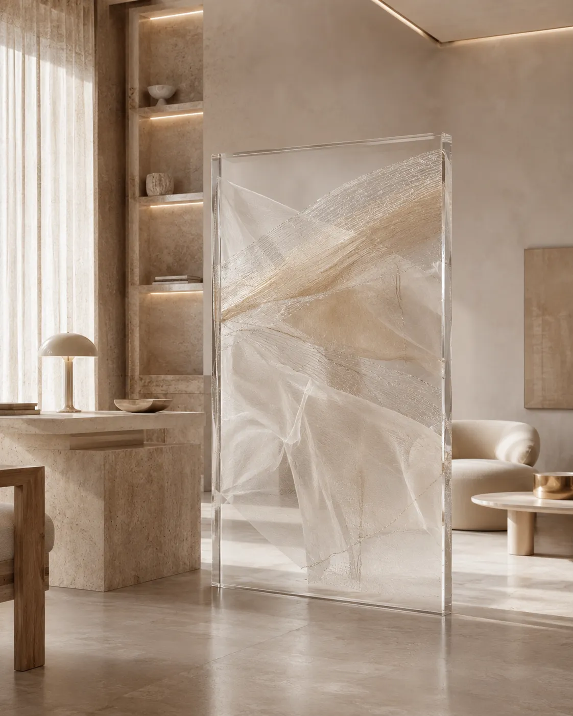 Freestanding textile in glass divider in a luxury neutral interior